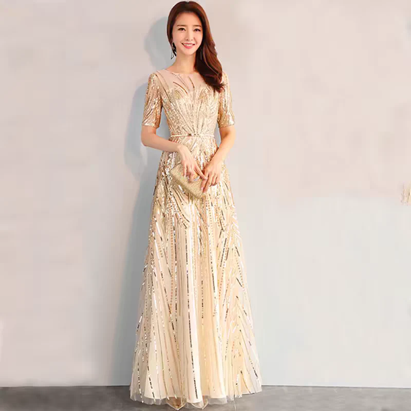 EG-SALE-AME-00102 Banquet evening dress female host champagne color temperament light luxury niche high-end high-end birthday dress