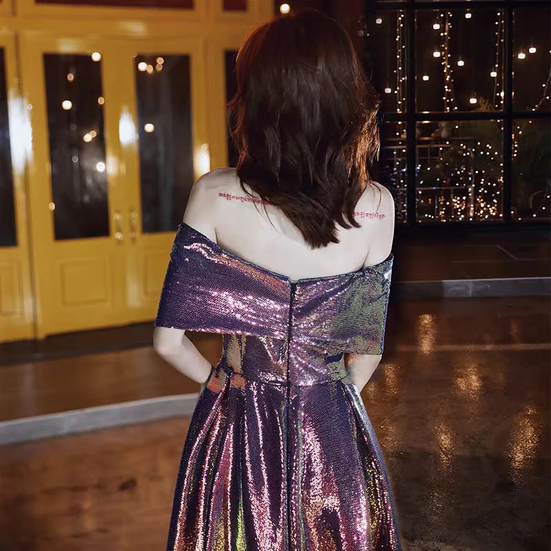 Banquet evening dress new autumn and winter high quality one word shoulder long paragraph sequins host dress skirt female - Image 4