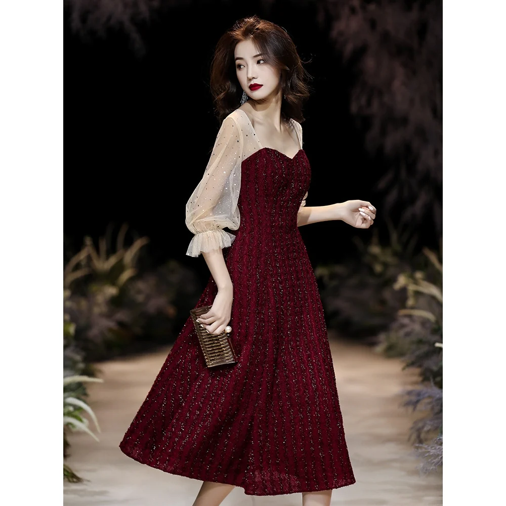 Banquet evening dress red long-sleeved dress  women evening dress birthday party dress - Image 8