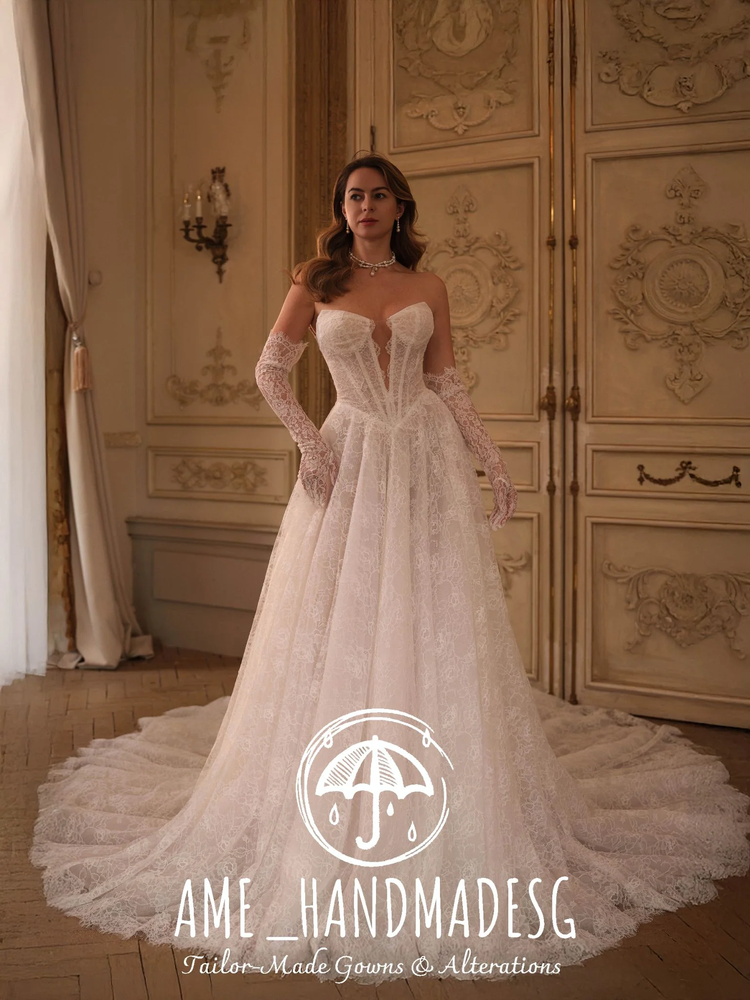 Regal Allure: A Couture Lace Bridal Gown with Gloves