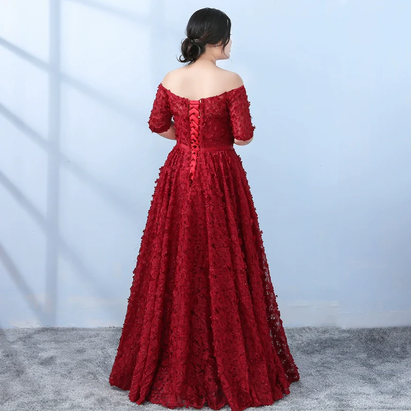 Burgundy Open Shoulder Evening Dress - Image 3