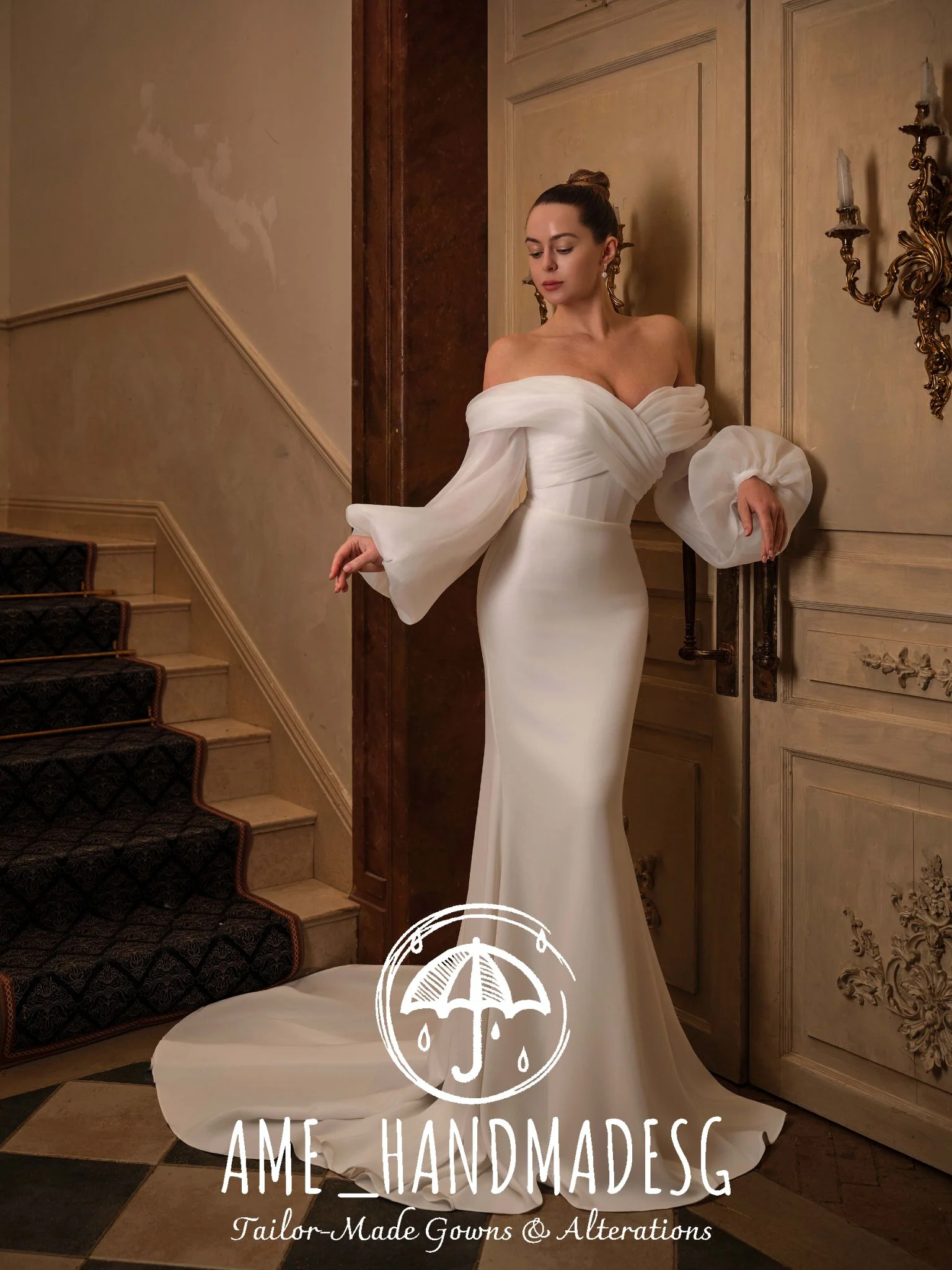 Ethereal Grace — Off-Shoulder Satin Bridal Gown with Sheer Sleeves