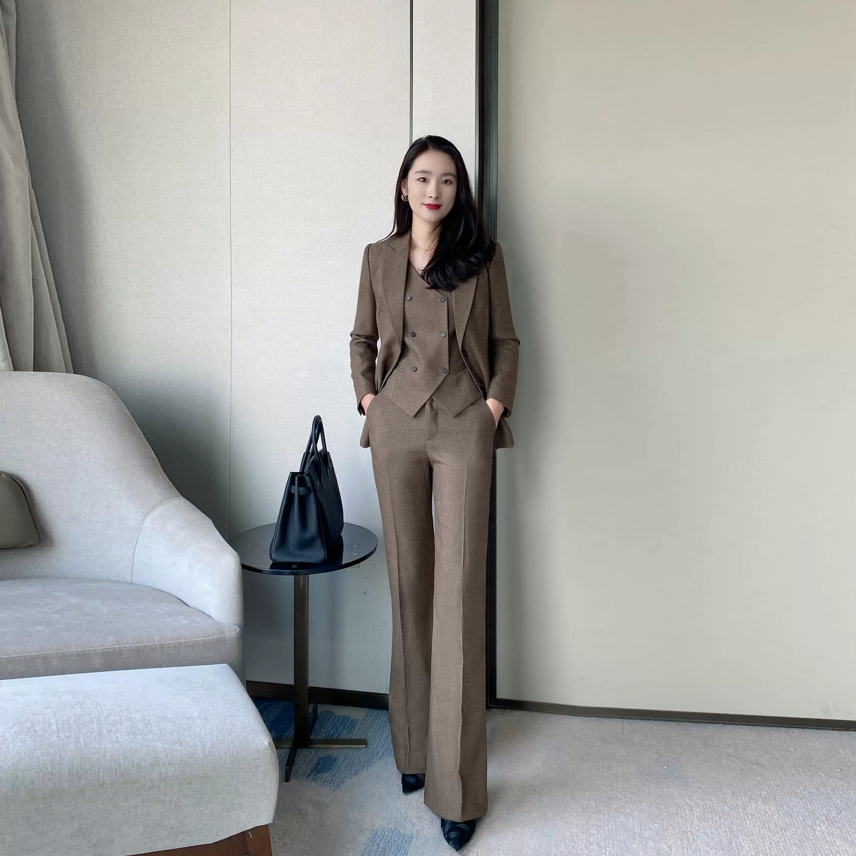 Coffee-Colored Elegant Women's Winter Suit Set – Jacket Vest Flared Trousers - Image 3