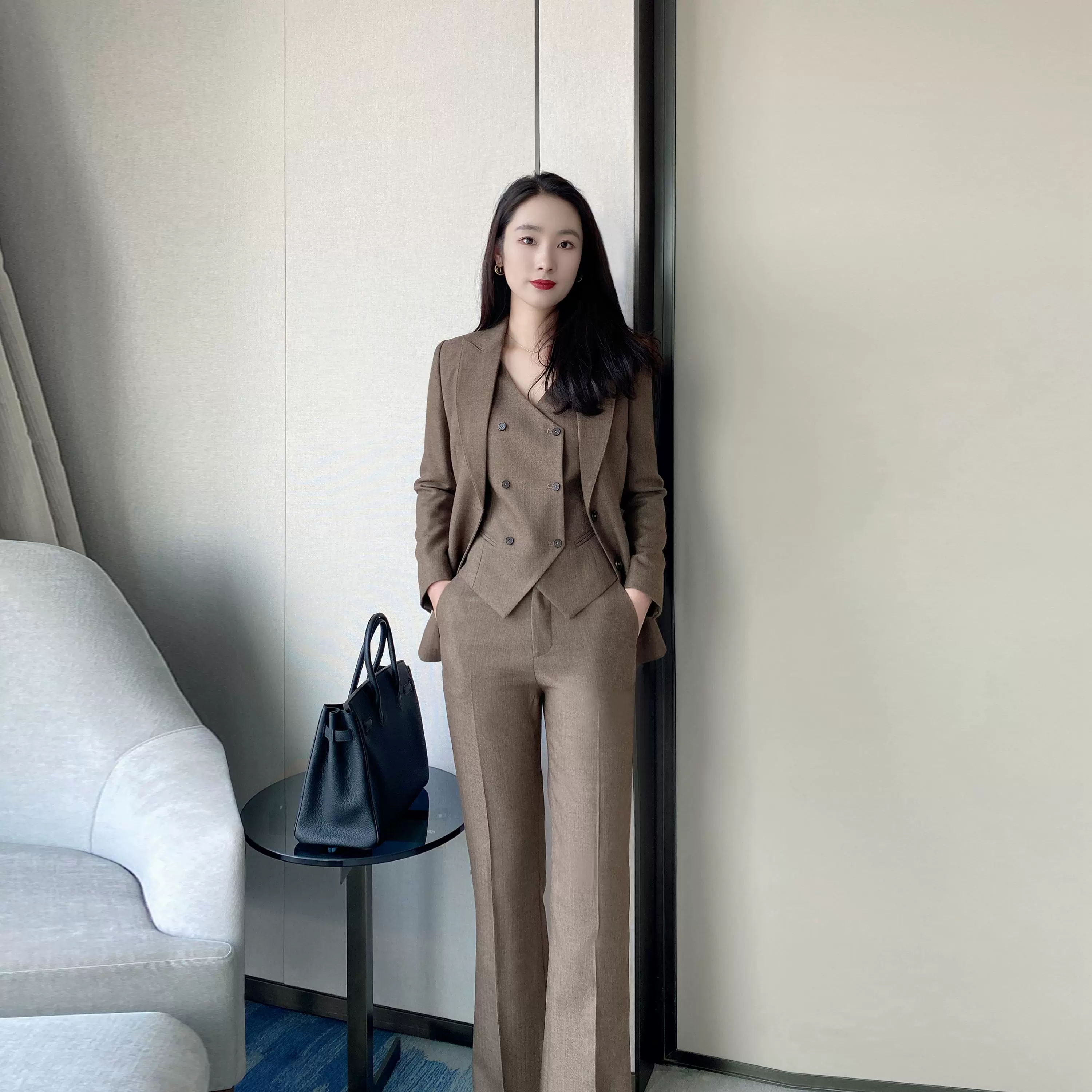 Coffee-Colored Elegant Women's Winter Suit Set – Jacket Vest Flared Trousers - Image 4
