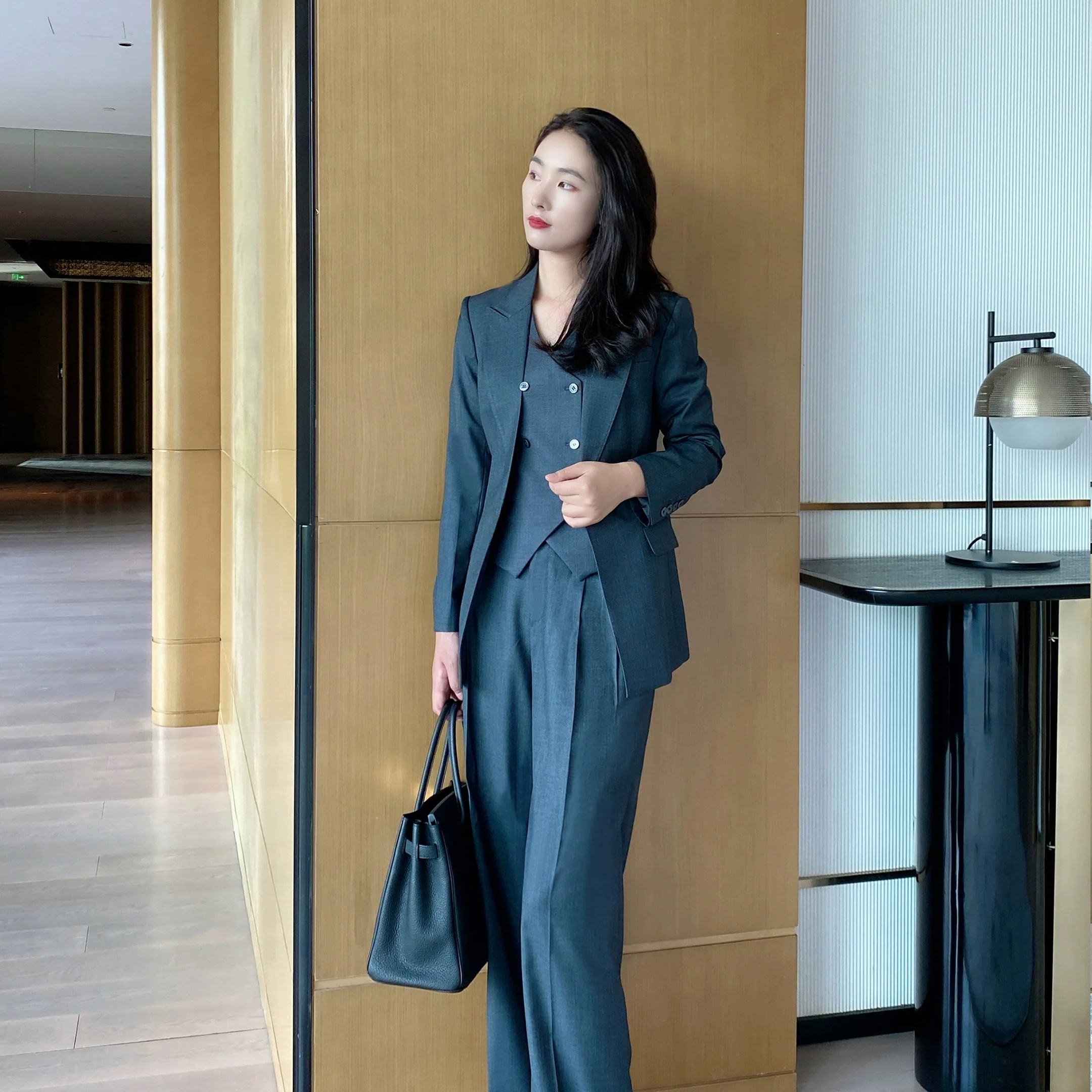 Dark Gray Slim Fit Wool 3-Piece Women's Suit Set - Image 4