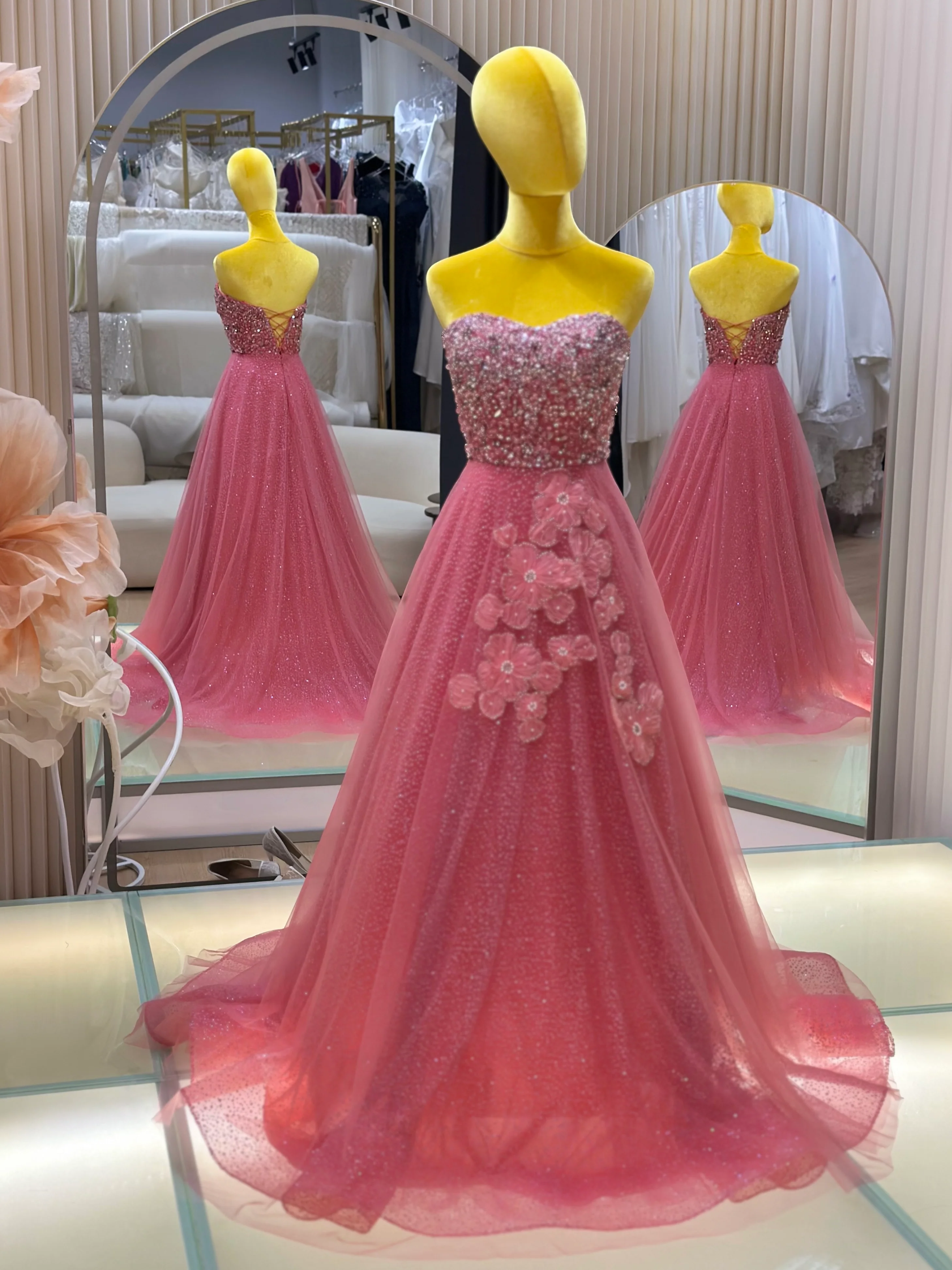 EG-AME-10003 EVENING GOWN LUX FABRIC SEQUIN BEADED LACE WITH GLITTER TULLE PINK SIZE S BUST 80-84 WAIST 66 - Image 2