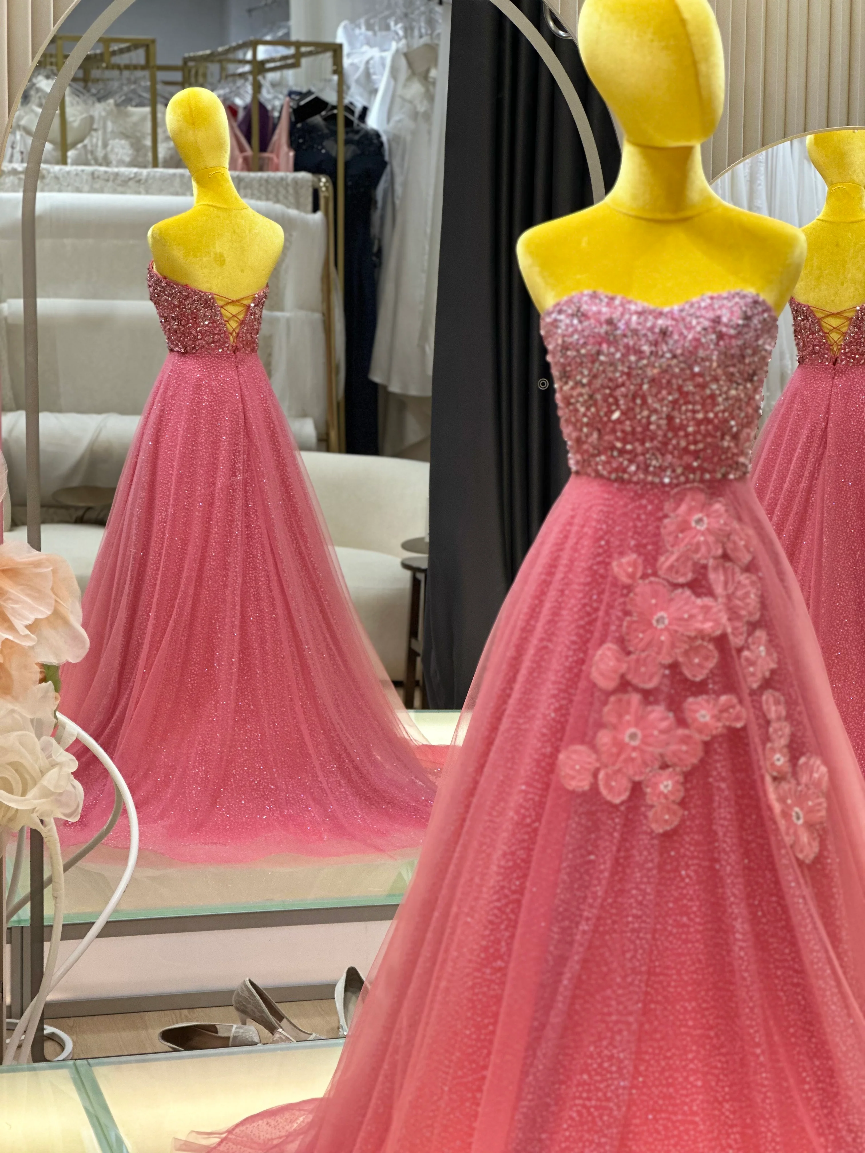EG-AME-10003 EVENING GOWN LUX FABRIC SEQUIN BEADED LACE WITH GLITTER TULLE PINK SIZE S BUST 80-84 WAIST 66 - Image 3