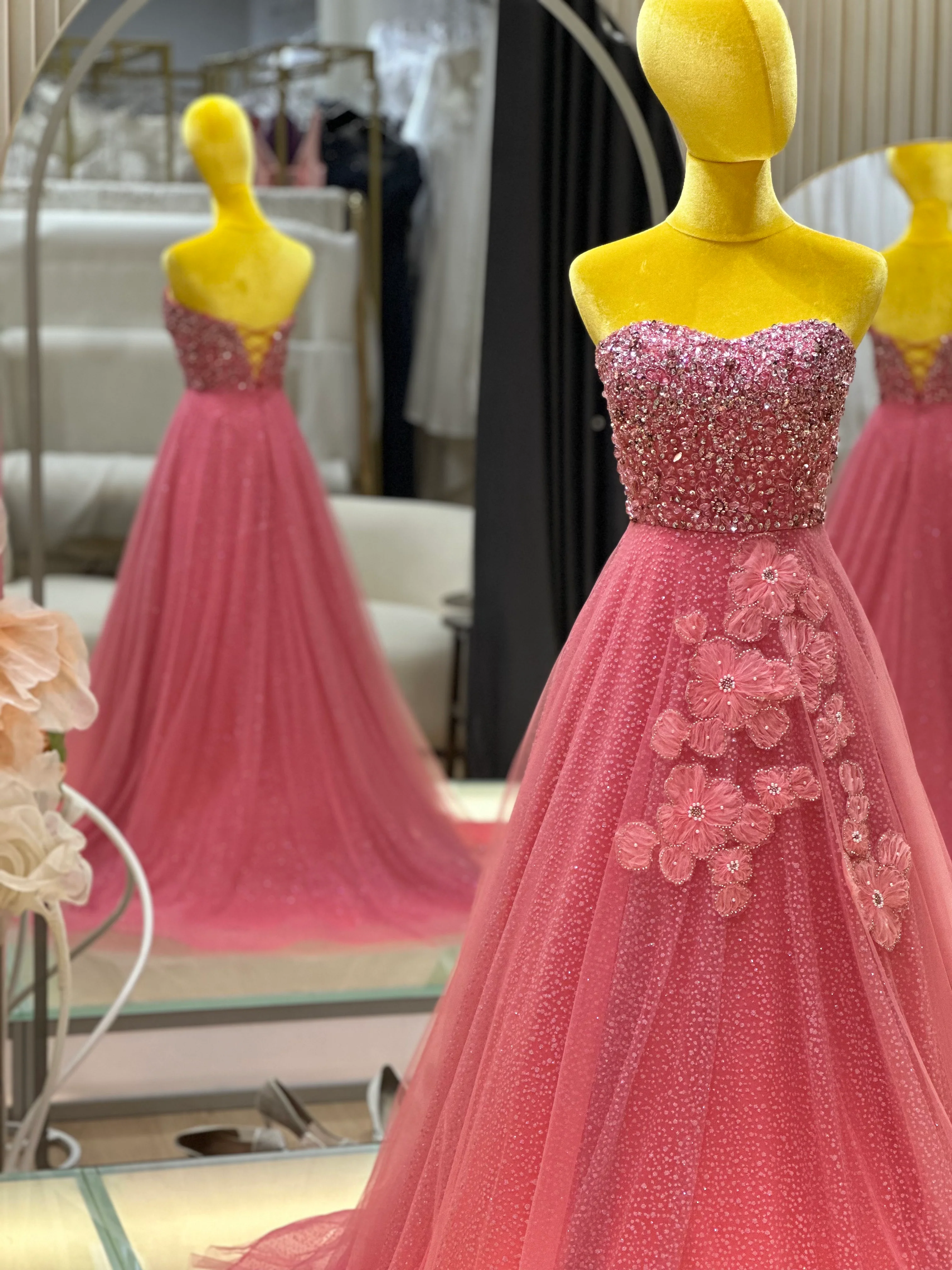 EG-AME-10003 EVENING GOWN LUX FABRIC SEQUIN BEADED LACE WITH GLITTER TULLE PINK SIZE S BUST 80-84 WAIST 66 - Image 4