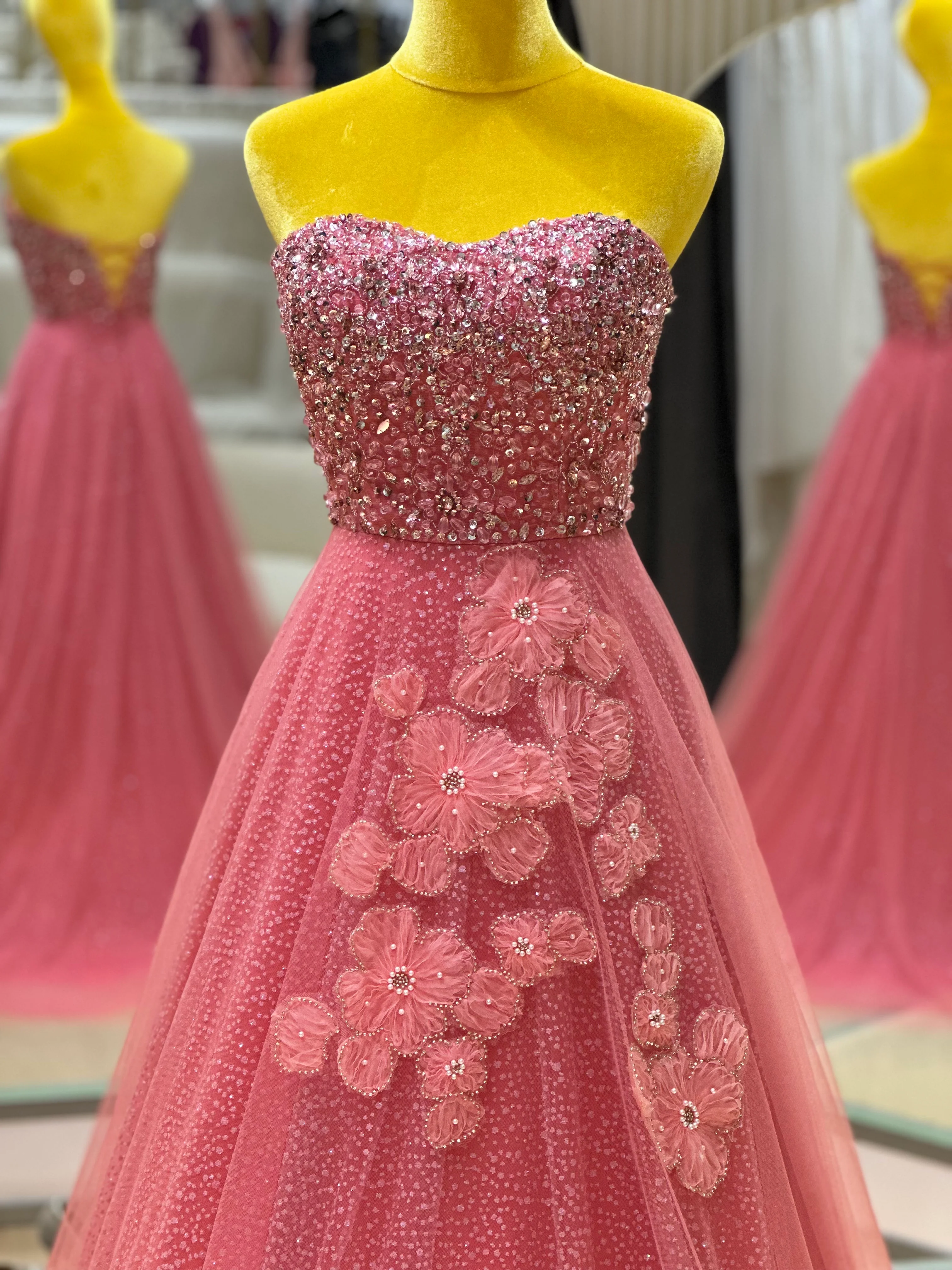 EG-AME-10003 EVENING GOWN LUX FABRIC SEQUIN BEADED LACE WITH GLITTER TULLE PINK SIZE S BUST 80-84 WAIST 66 - Image 5