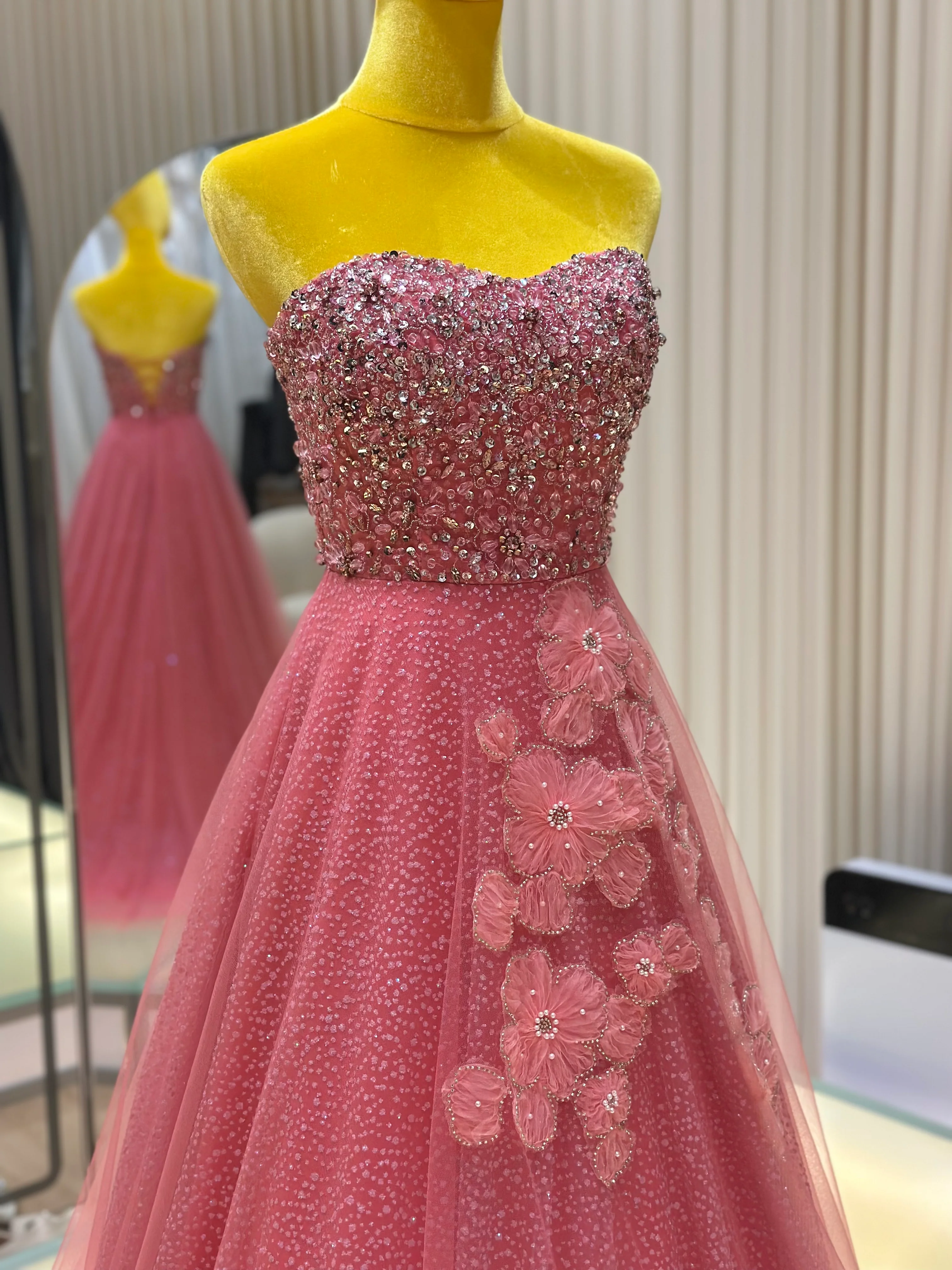 EG-AME-10003 EVENING GOWN LUX FABRIC SEQUIN BEADED LACE WITH GLITTER TULLE PINK SIZE S BUST 80-84 WAIST 66 - Image 6