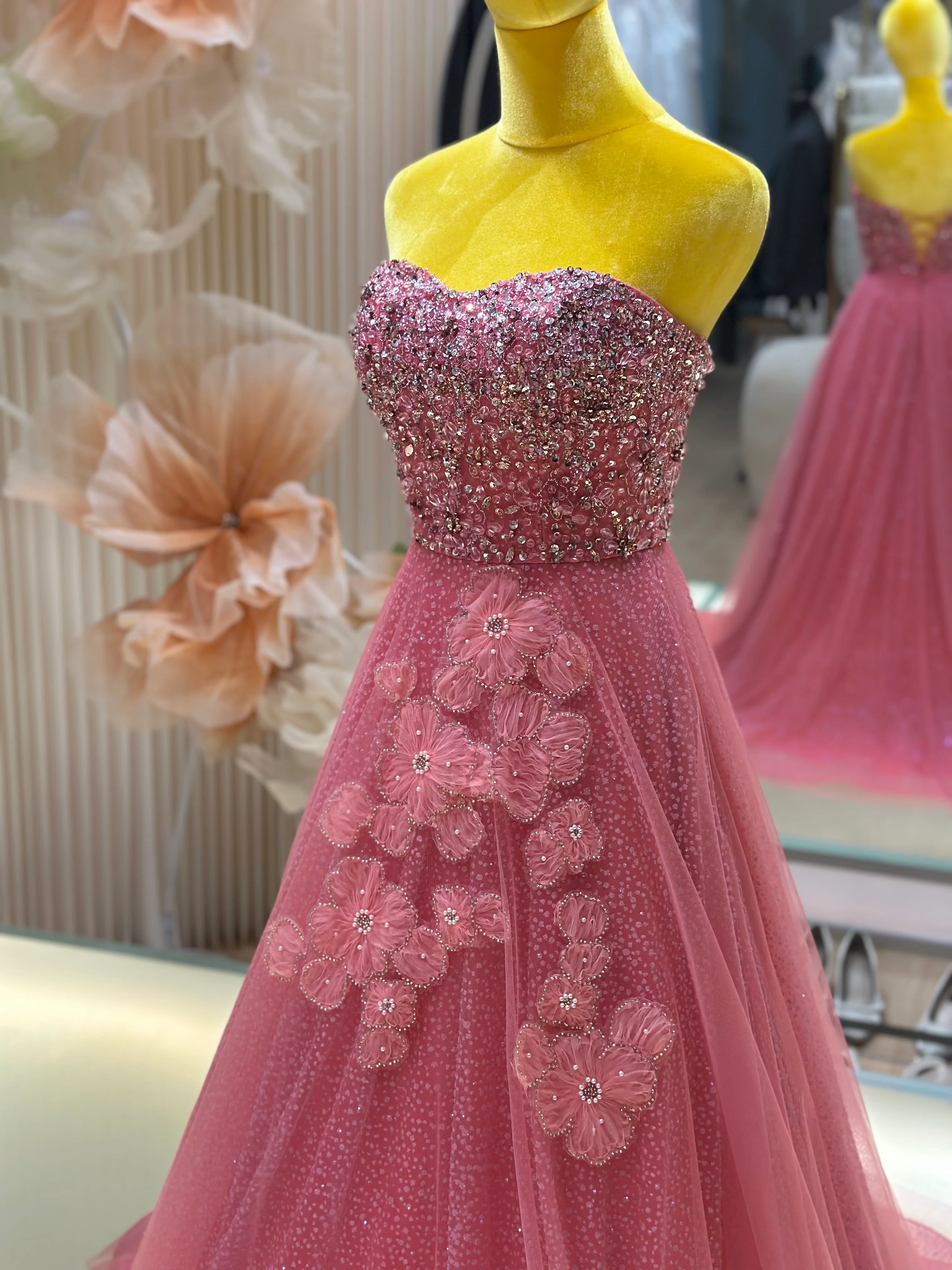 EG-AME-10003 EVENING GOWN LUX FABRIC SEQUIN BEADED LACE WITH GLITTER TULLE PINK SIZE S BUST 80-84 WAIST 66 - Image 7