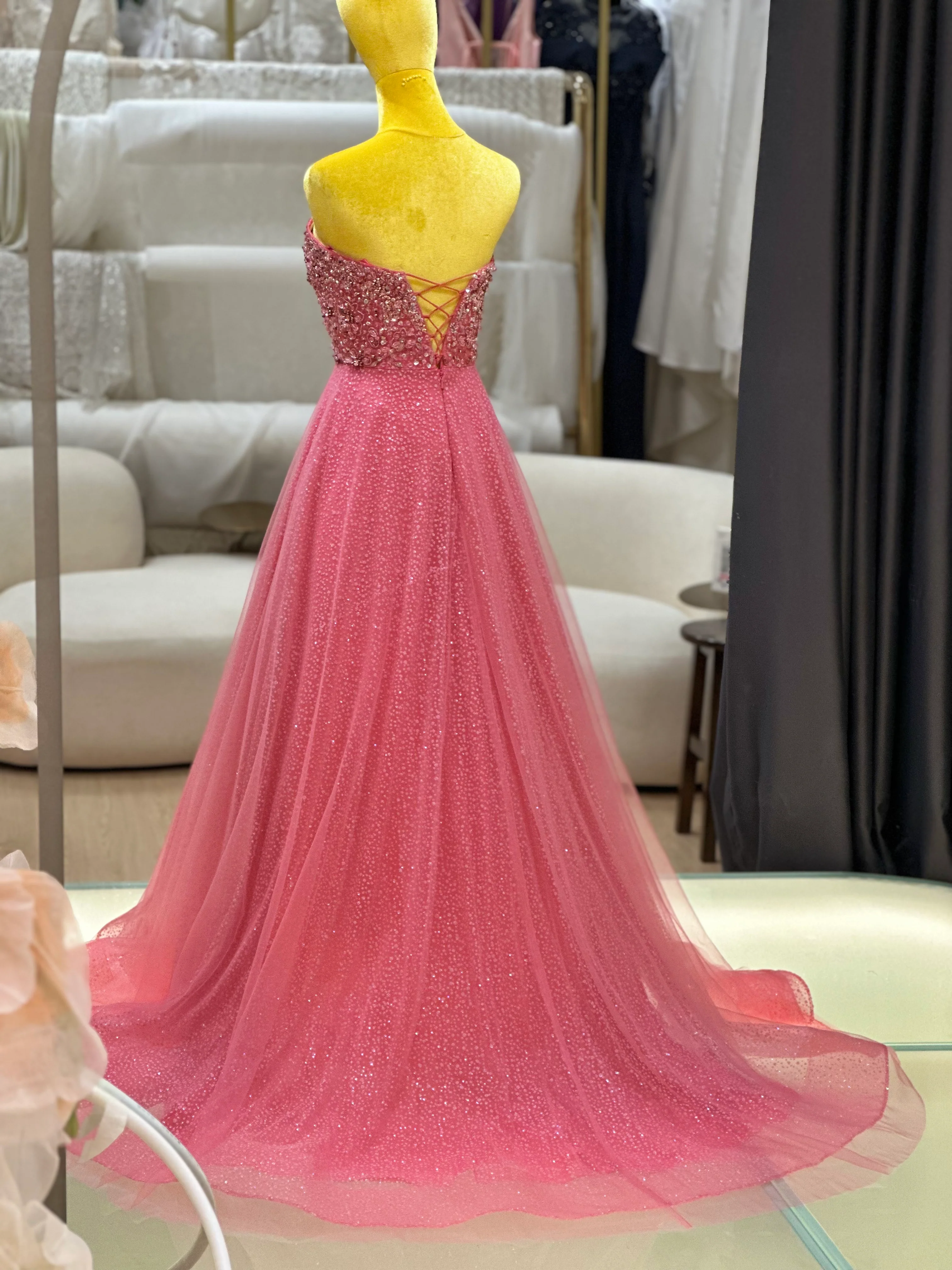 EG-AME-10003 EVENING GOWN LUX FABRIC SEQUIN BEADED LACE WITH GLITTER TULLE PINK SIZE S BUST 80-84 WAIST 66 - Image 8