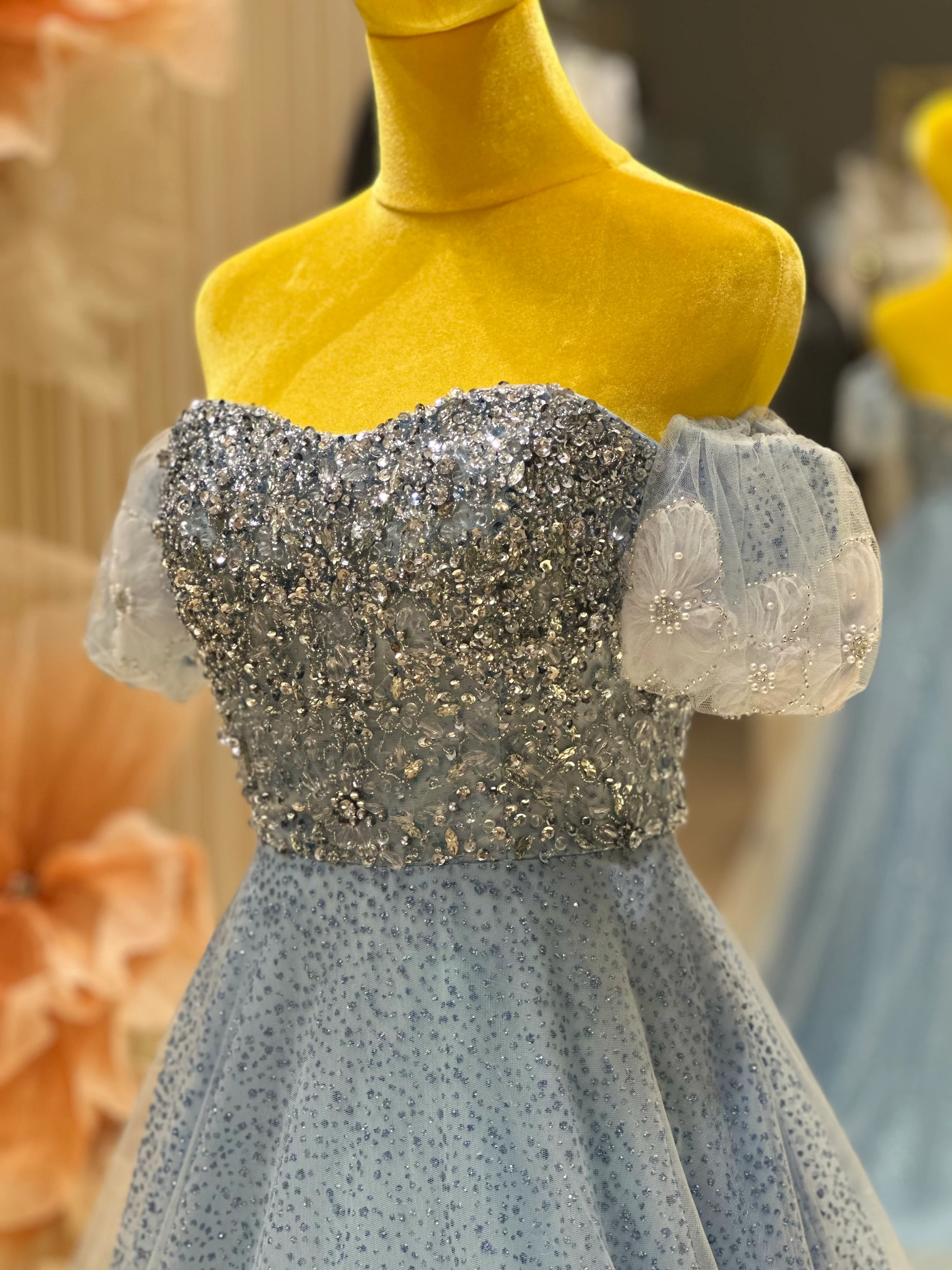 EG-AME-10004 EVENING GOWN LUX FABRIC SEQUIN BEADED LACE WITH GLITTER TULLE BLUE SIZE S BUST 80-84 WAIST 66 (Copy) - Image 6