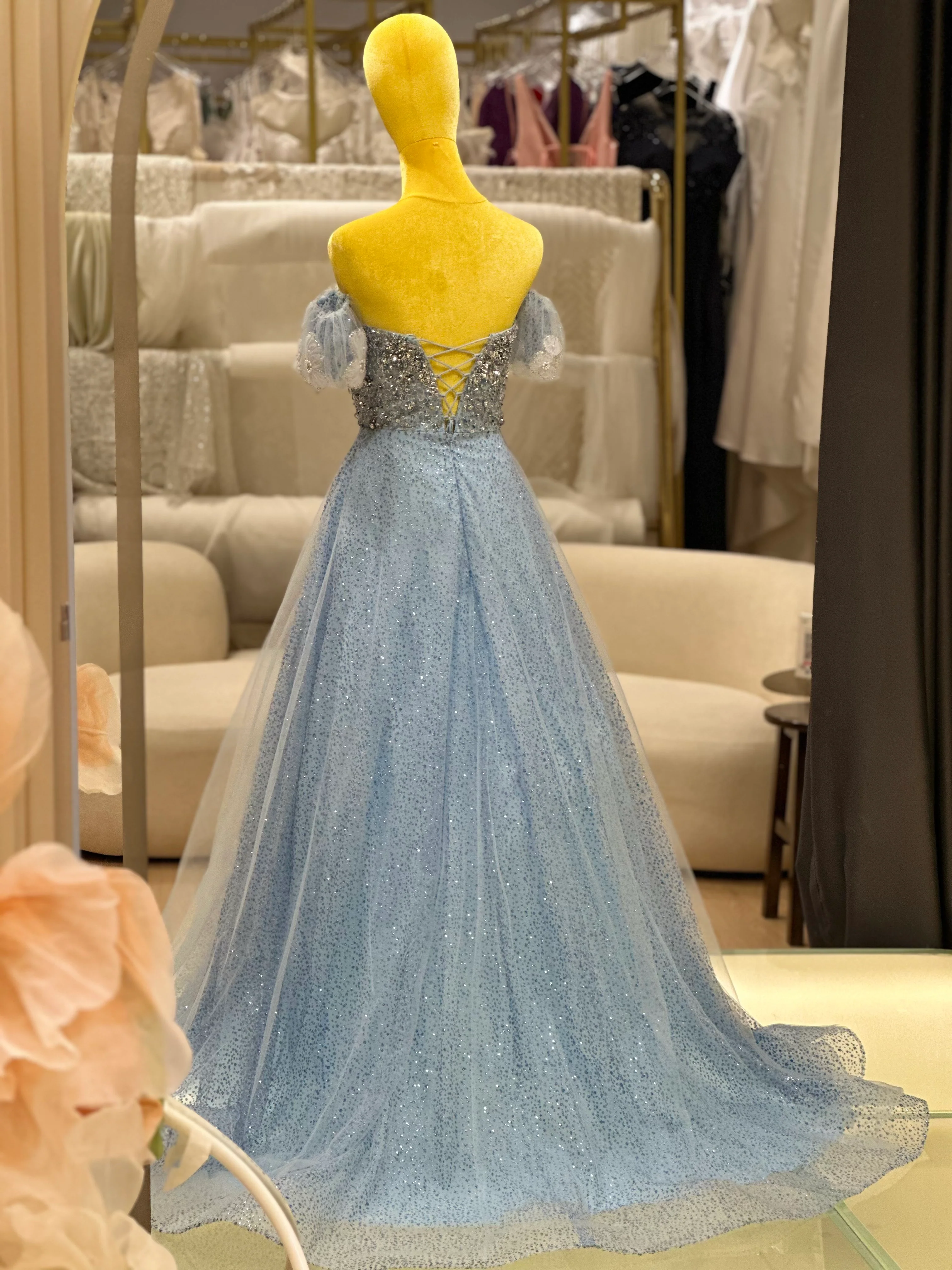 EG-AME-10004 EVENING GOWN LUX FABRIC SEQUIN BEADED LACE WITH GLITTER TULLE BLUE SIZE S BUST 80-84 WAIST 66 (Copy) - Image 7