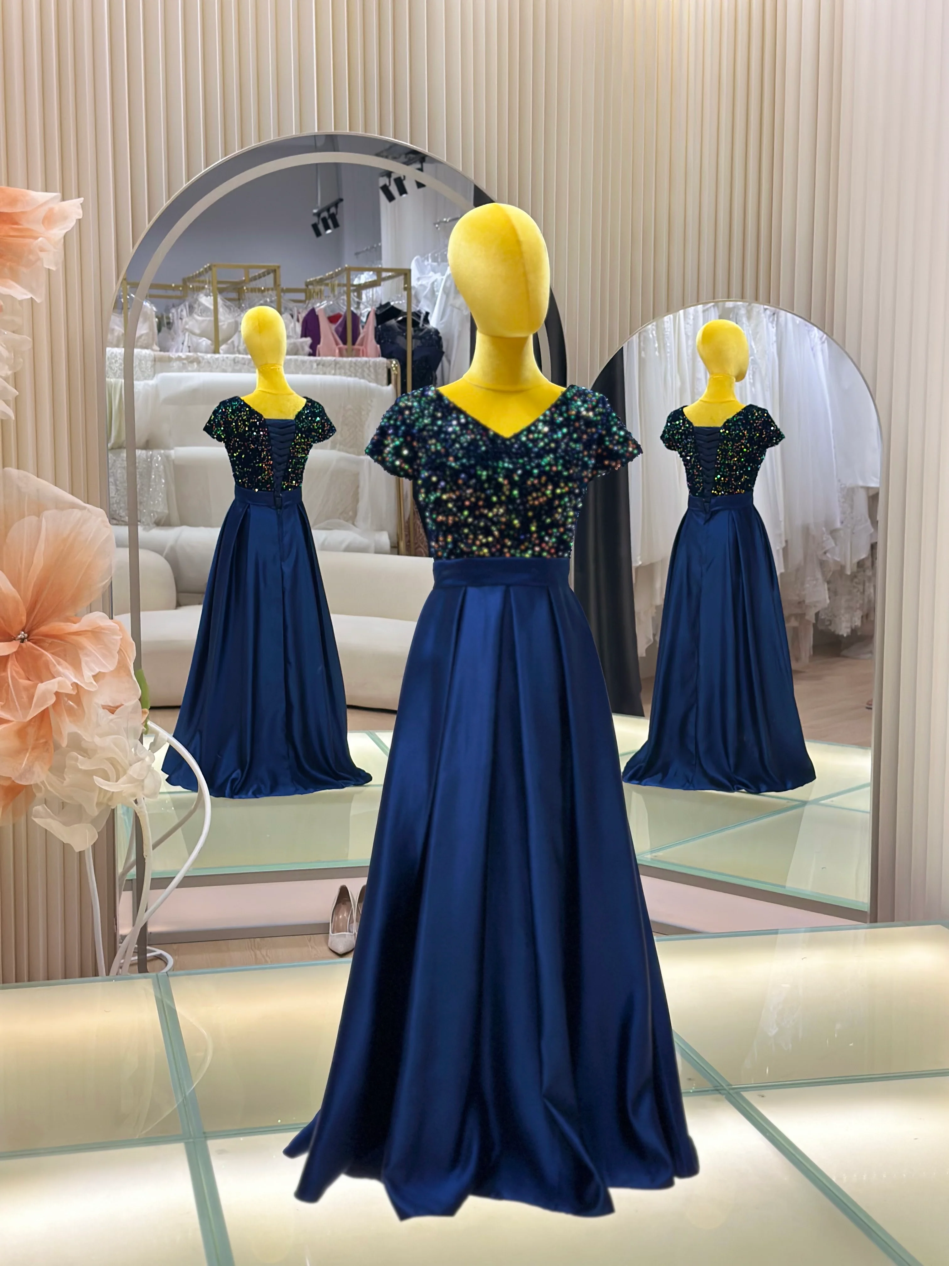 EG-AME-10012 EVENING GOWN PREMIUM FABRIC HALF SEQUIN SIZE S BUST 81 WAIST 67 - Image 2