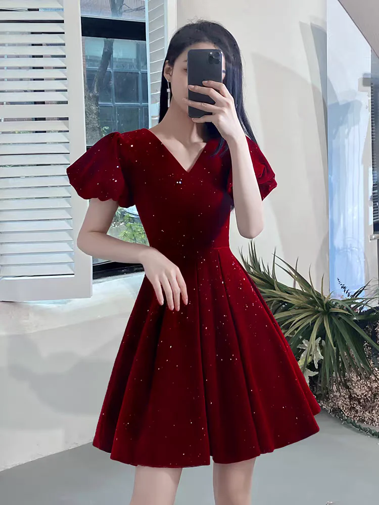 EG-SALE-AME-00121 Toast dress bride new summer velvet engagement dress female short petite French V-neck puff sleeves - Image 2