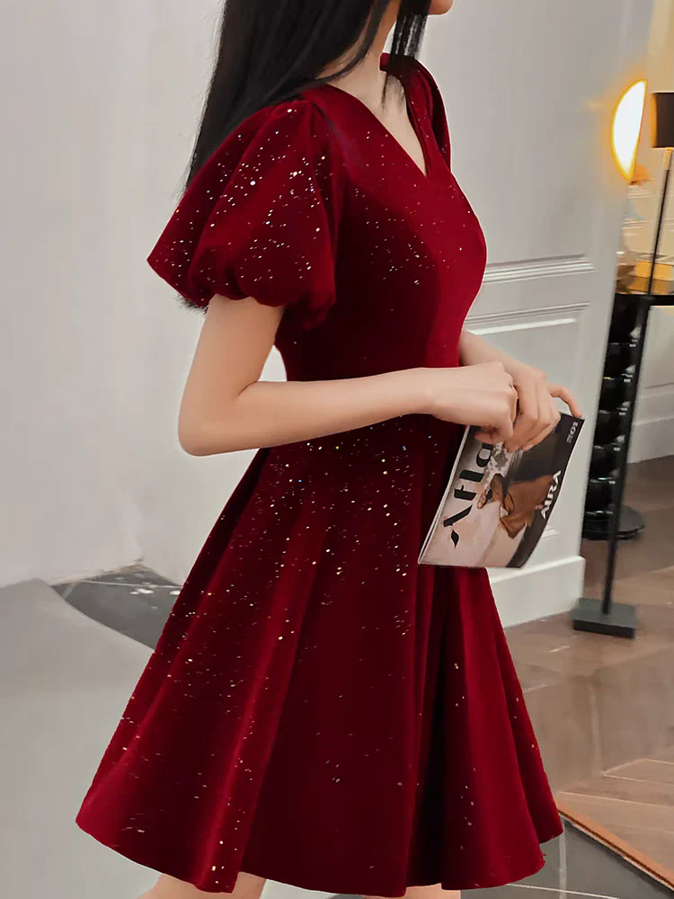 EG-SALE-AME-00121 Toast dress bride new summer velvet engagement dress female short petite French V-neck puff sleeves - Image 4