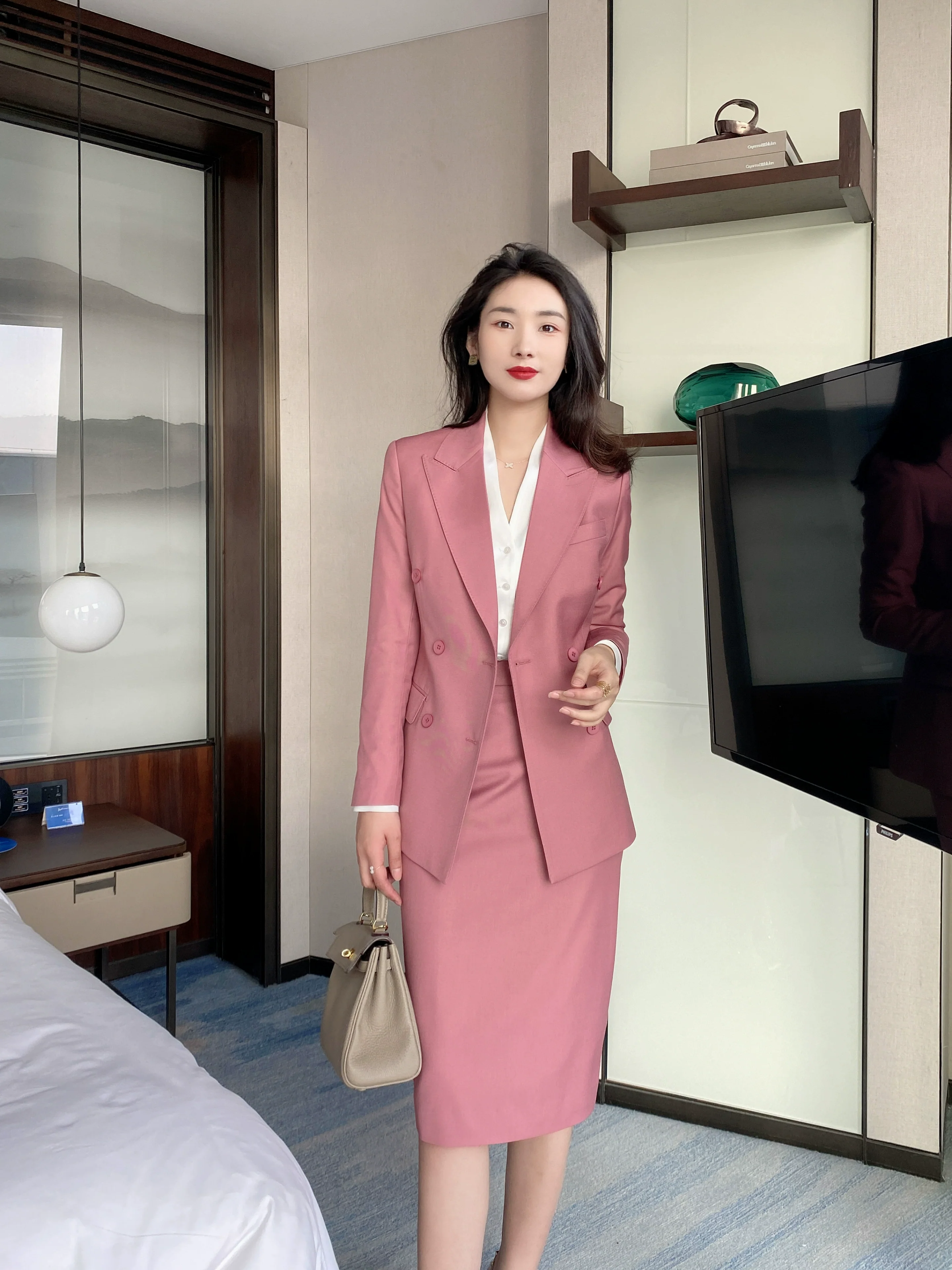 Elegant Dry Rose Powder Women's Suit Jacket & Skirt Set - Image 4