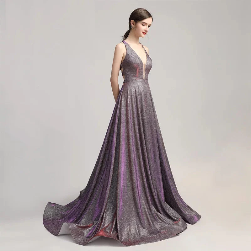 Elegant V-neck Sequin Long Prom Evening Dresses Lace Up Court Train Formal Party Gown Pageant Dress - Image 4