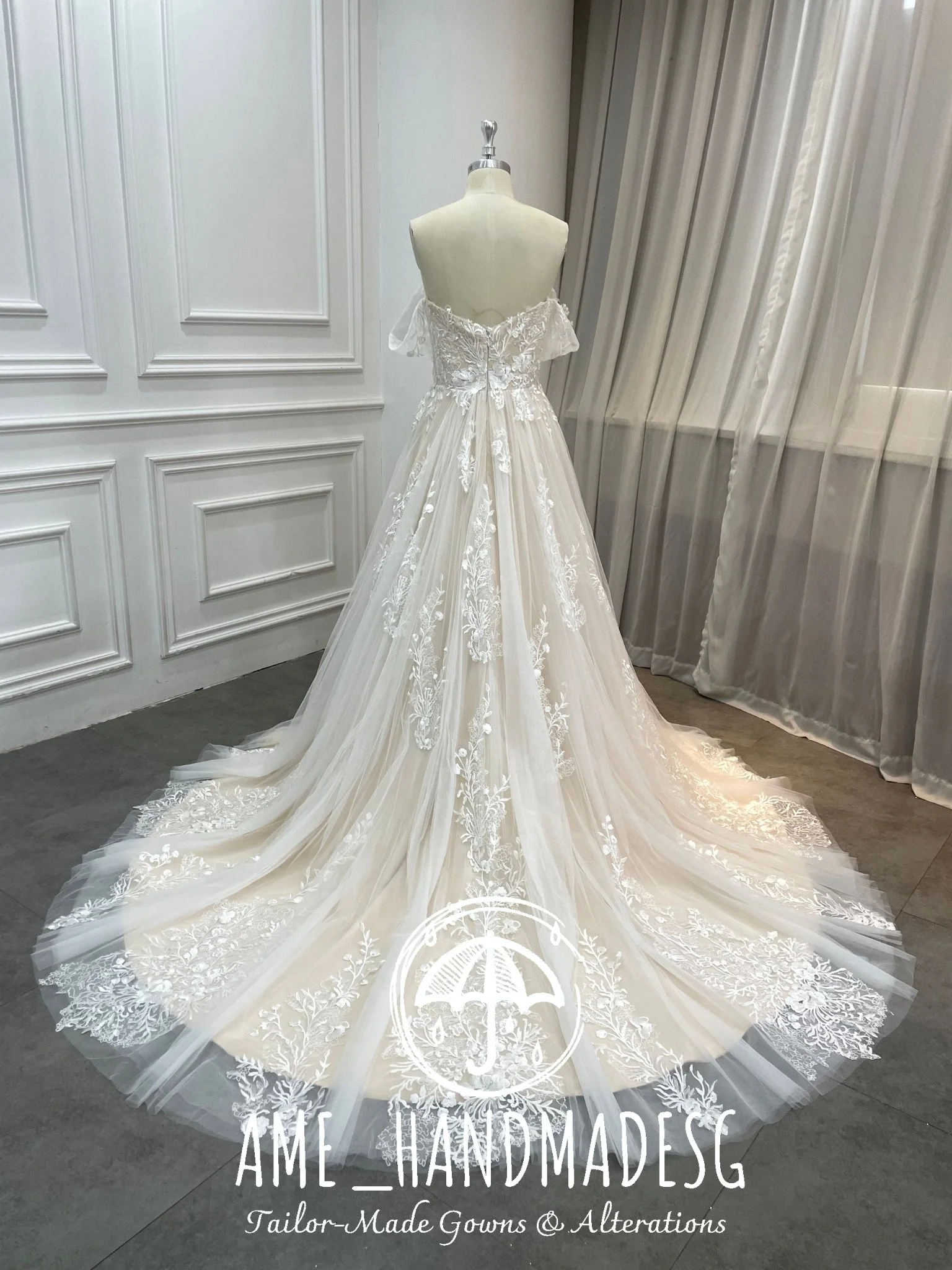 Ethereal Bloom — Off-Shoulder Lace A-Line Wedding Gown with Flowing Illusion Train - Image 2