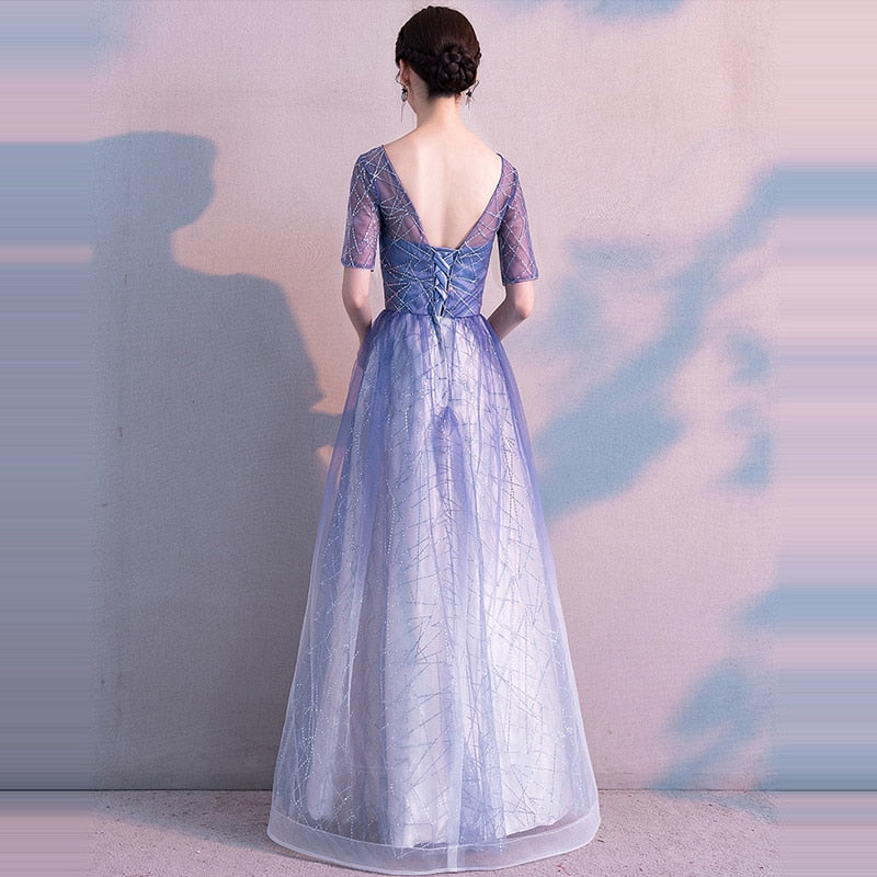 Evening Dress Gradient Blue Color Elegant Party Gowns Women A-line Floor length Short Sleeve Formal Dresses  E048 - Image 3