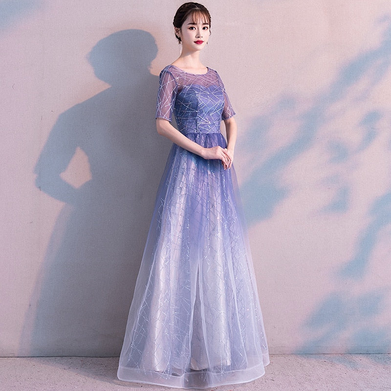Evening Dress Gradient Blue Color Elegant Party Gowns Women A-line Floor length Short Sleeve Formal Dresses  E048 - Image 6