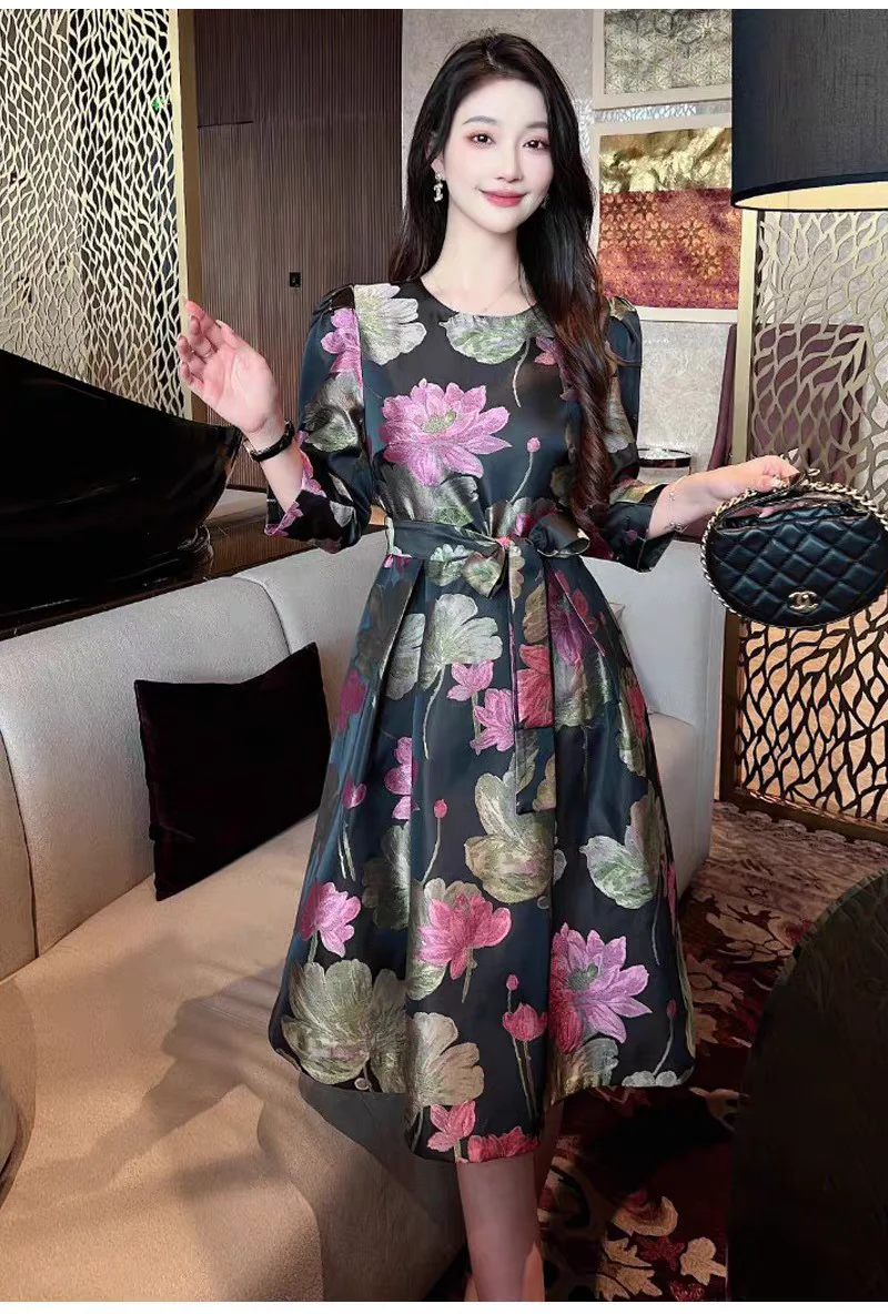 FAB-BROC-019 [The lotus in the sun is red] High-end satin cheongsam Chinese jacket vest pants pillow pillow fabric black
