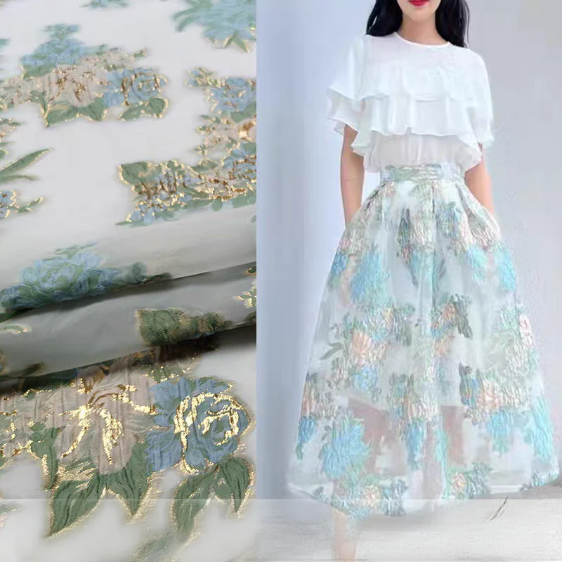 FAB-BROC-023 Spring and summer breathable gold silk organza cut flower fabric fresh swing skirt wedding dress jacquard fabric advanced customization