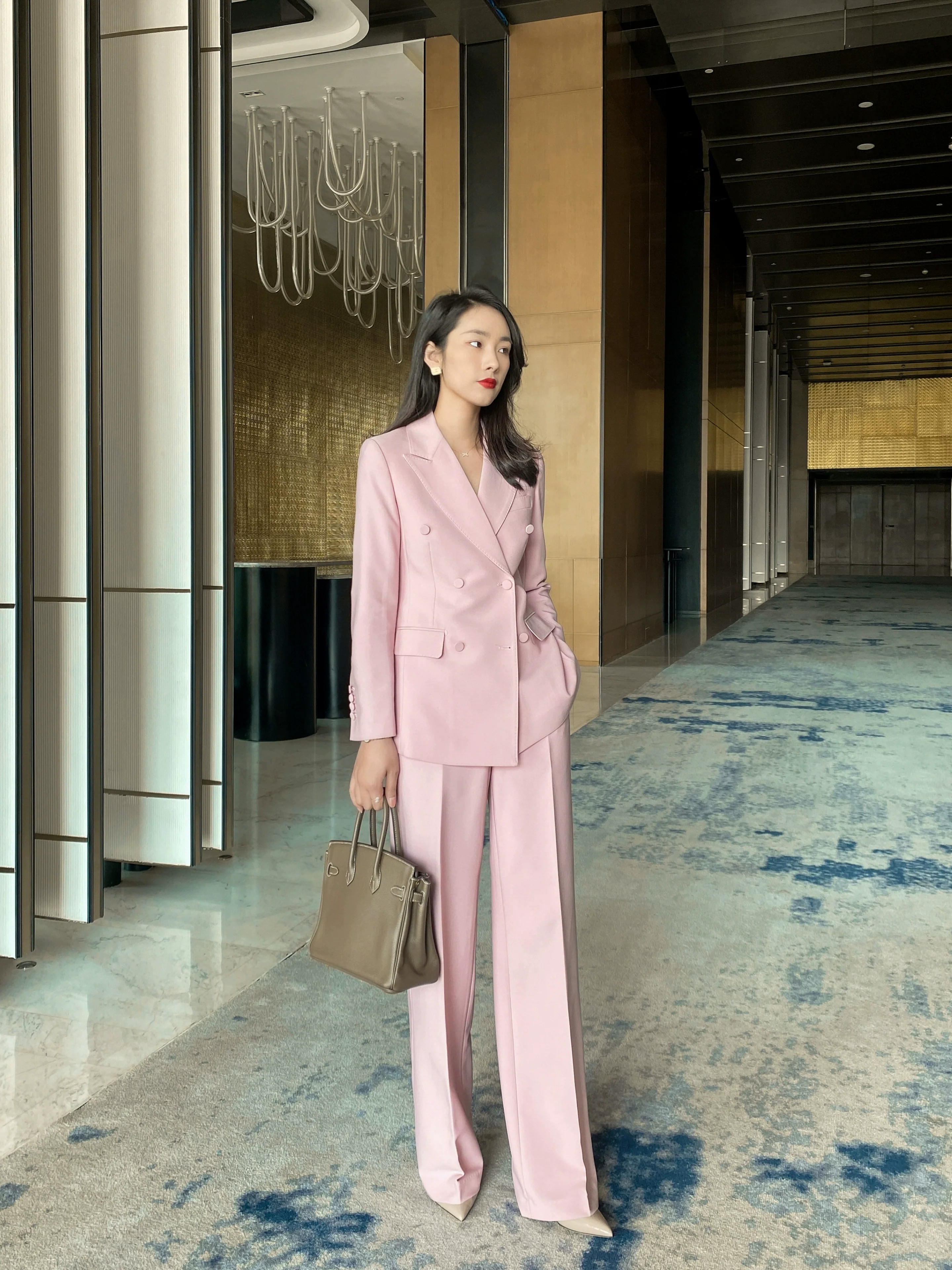Fuchsia Classic Double-Breasted Suit with High-Waist Wide-Leg Trousers - Image 5