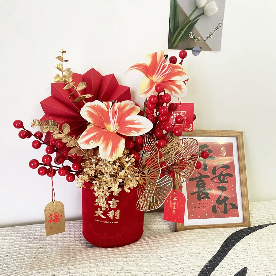 Red New Year Floral Bucket Decorative Arrangement for Home - Image 4