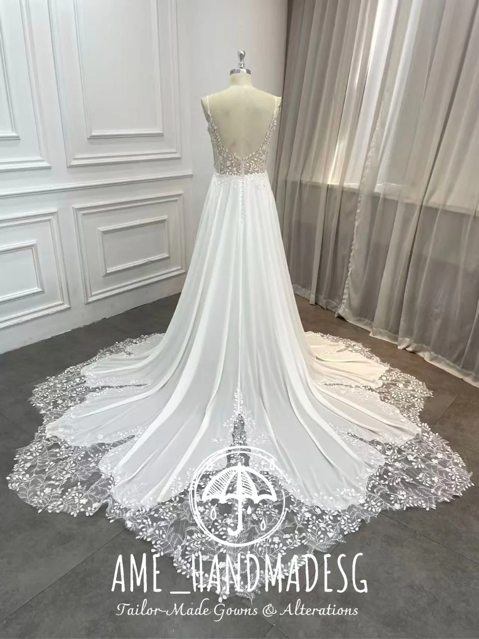 Ethereal Floral Lace A-Line Wedding Gown with Chapel Train - Image 2