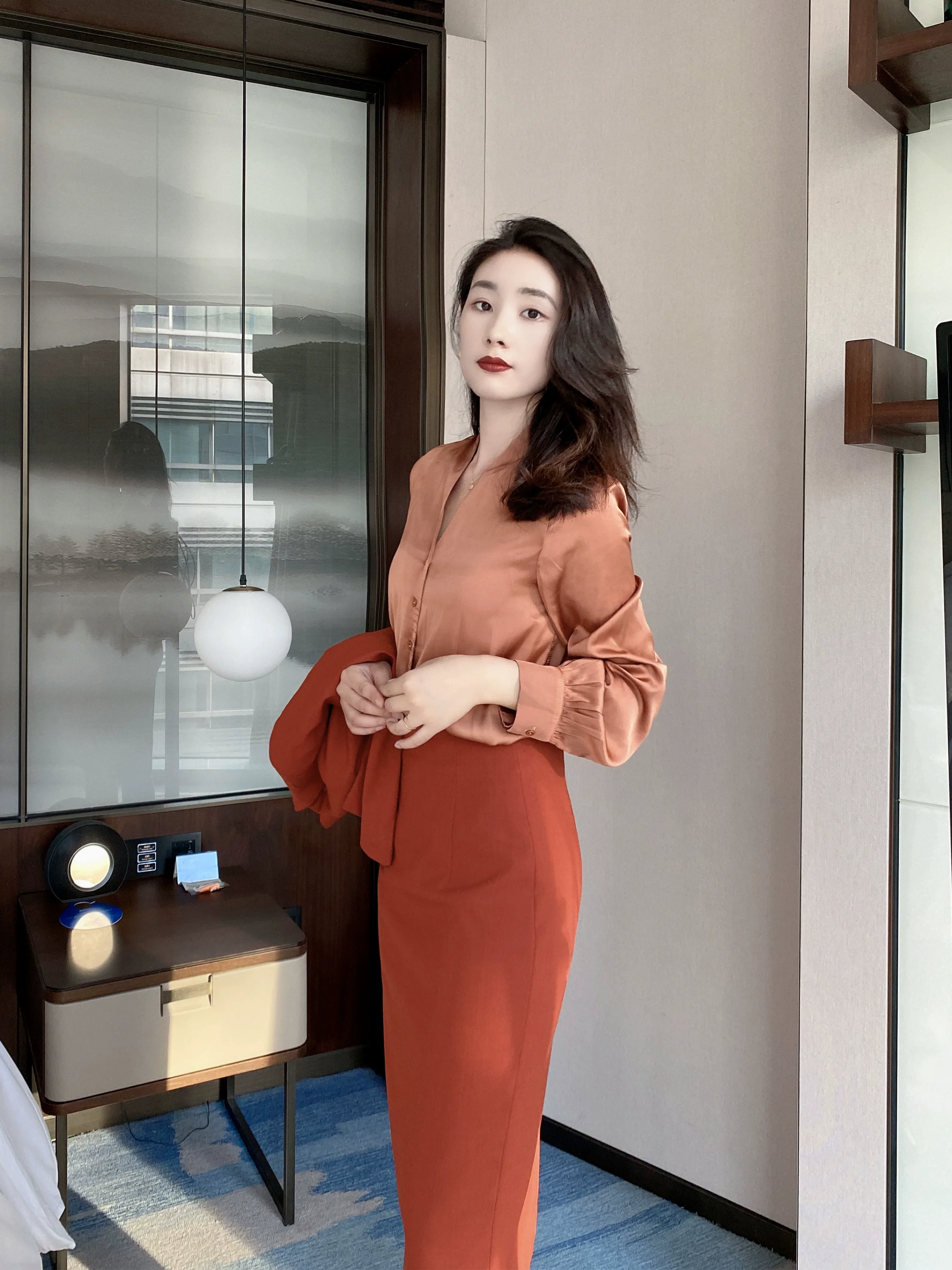 Rust Red V‑Neck Slim‑Fit Autumn Work Shirt for Women - Image 2