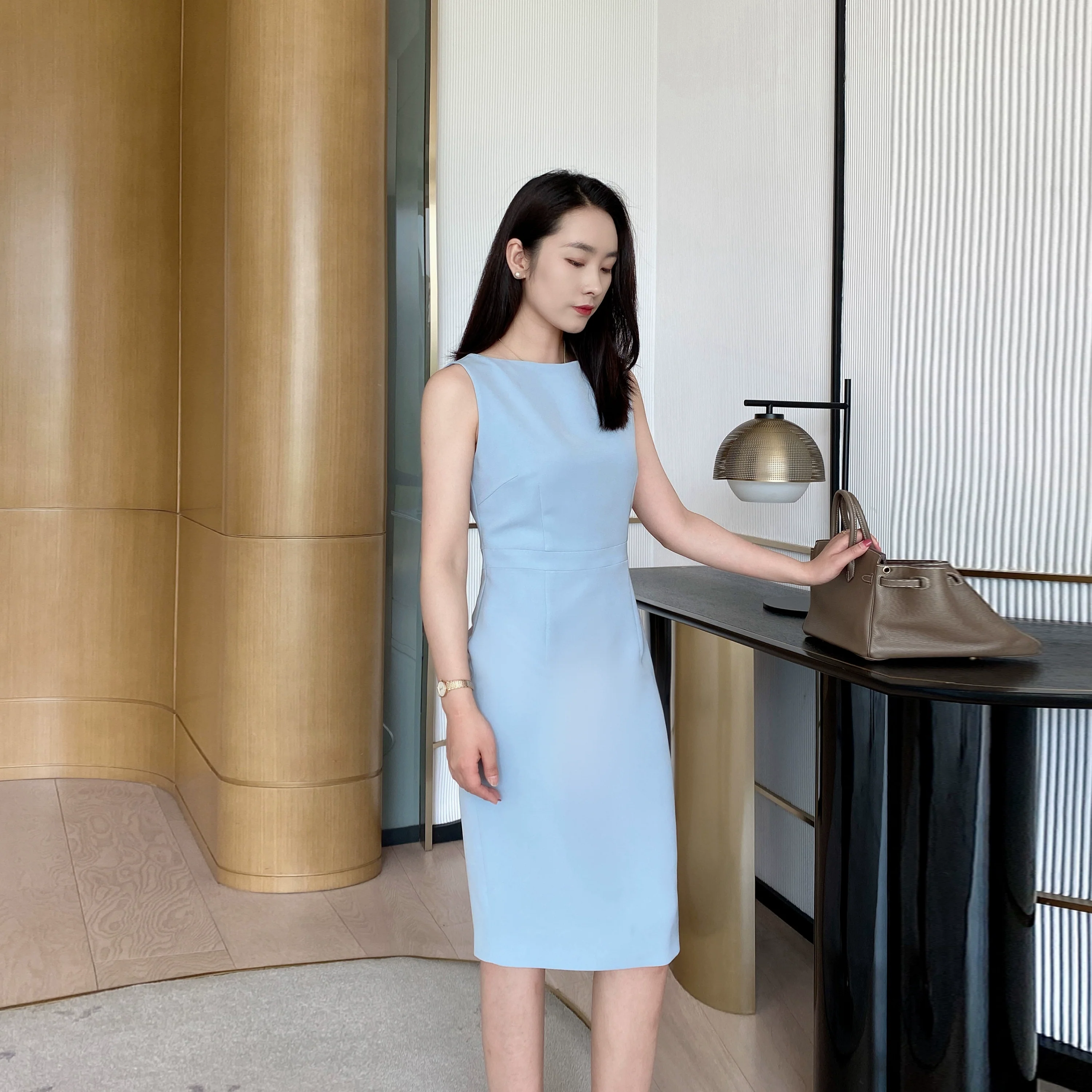 Summer Blue Fitted Sleeveless Dress Elegant Mid‑Length One‑Step Skirt - Image 3