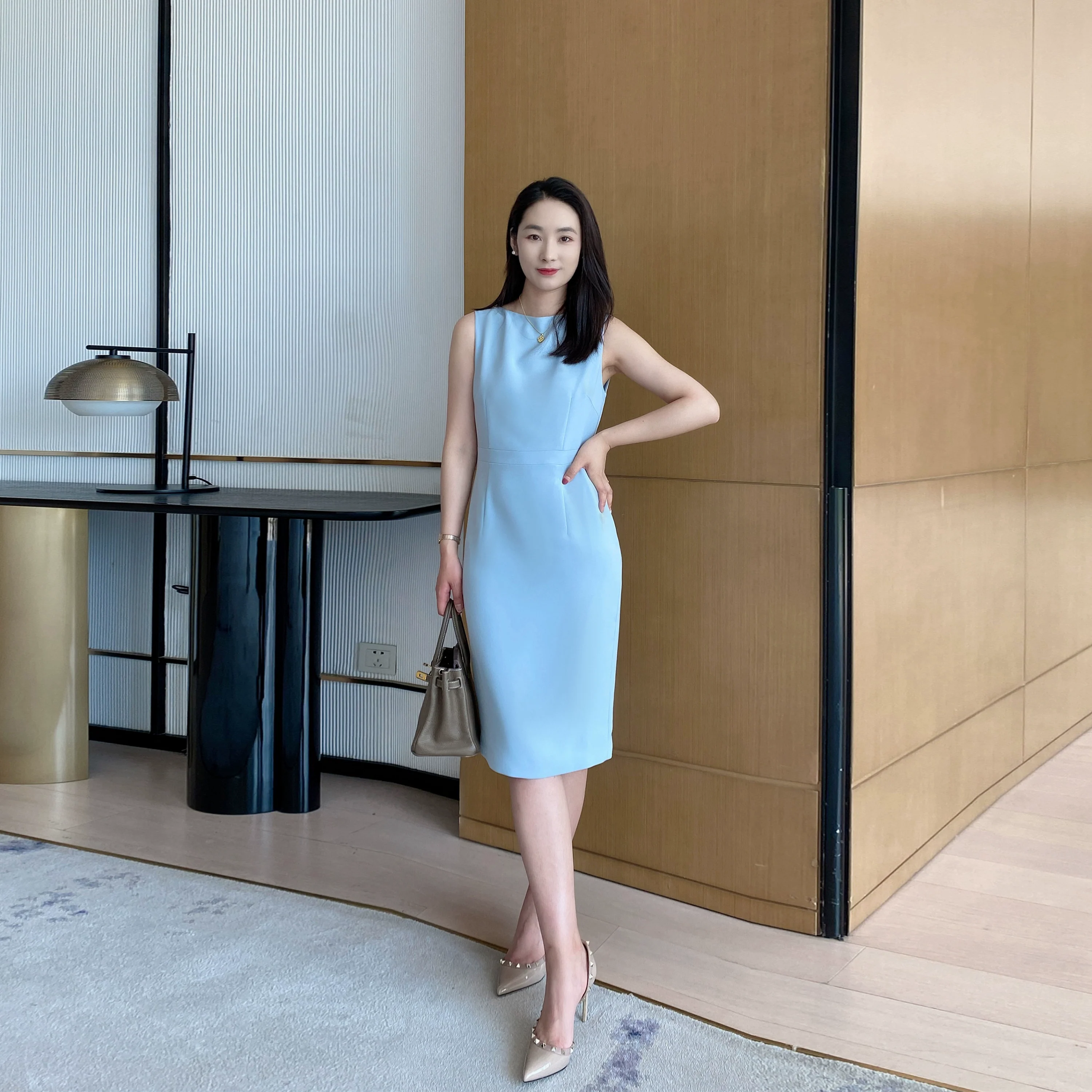 Summer Blue Fitted Sleeveless Dress Elegant Mid‑Length One‑Step Skirt - Image 4