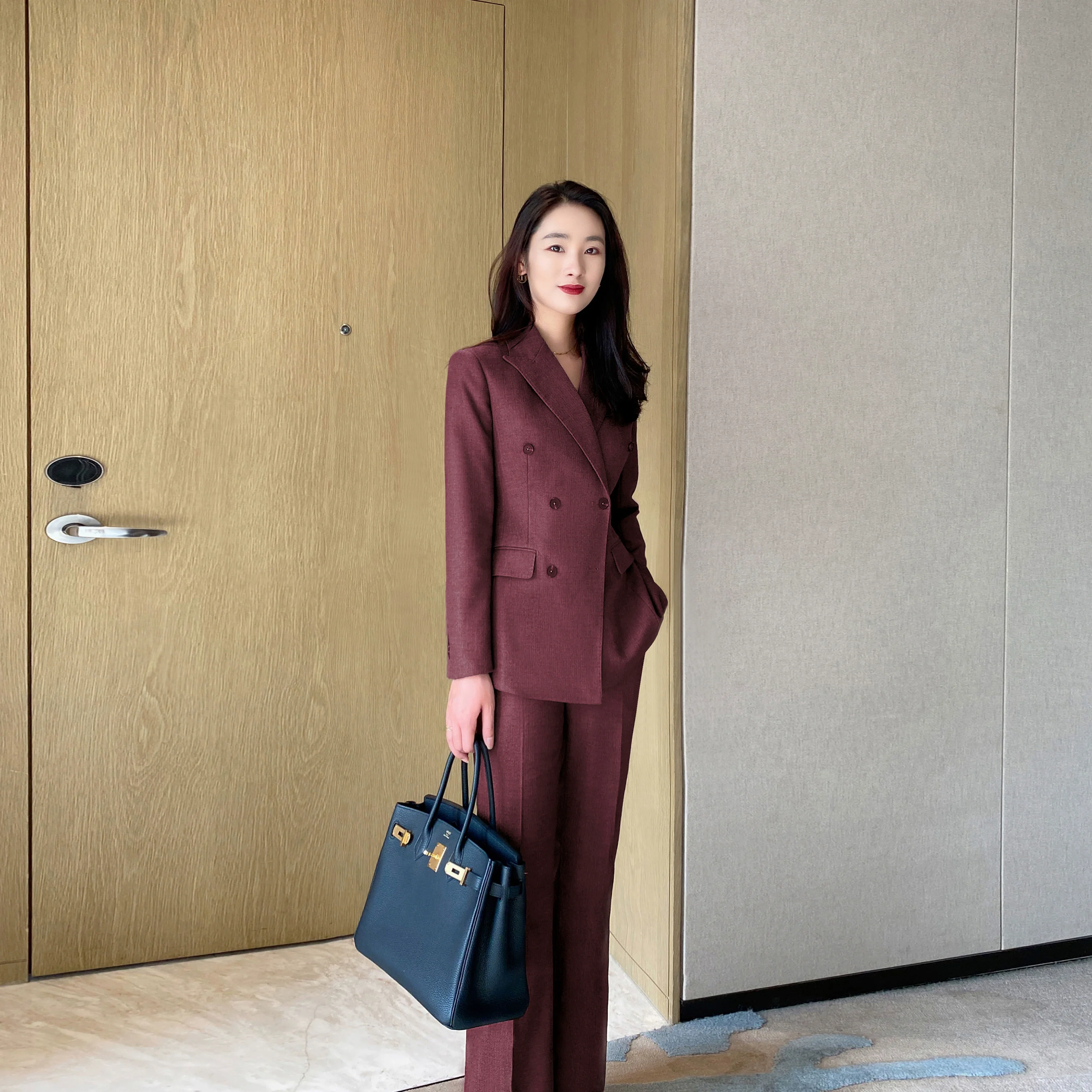 Warm Thickened Herringbone Red Suit with Boot-Cut Trousers - Image 2