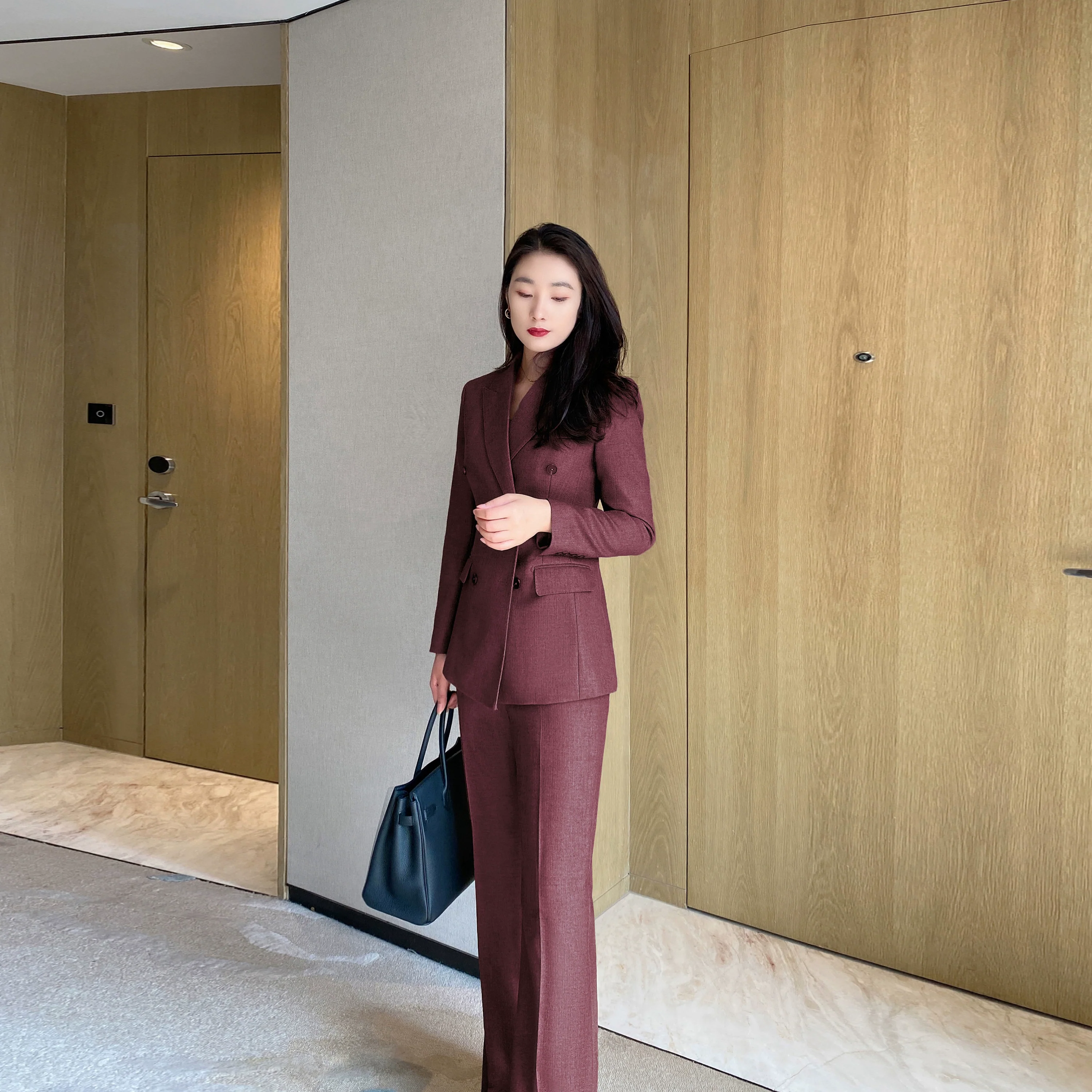 Warm Thickened Herringbone Red Suit with Boot-Cut Trousers - Image 3
