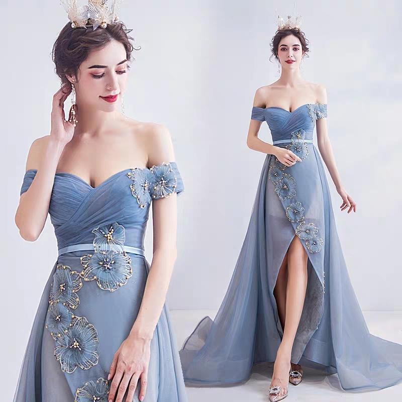 Wedding dress retro court style smoke blue bride wedding toast service dinner party wedding dress 6710