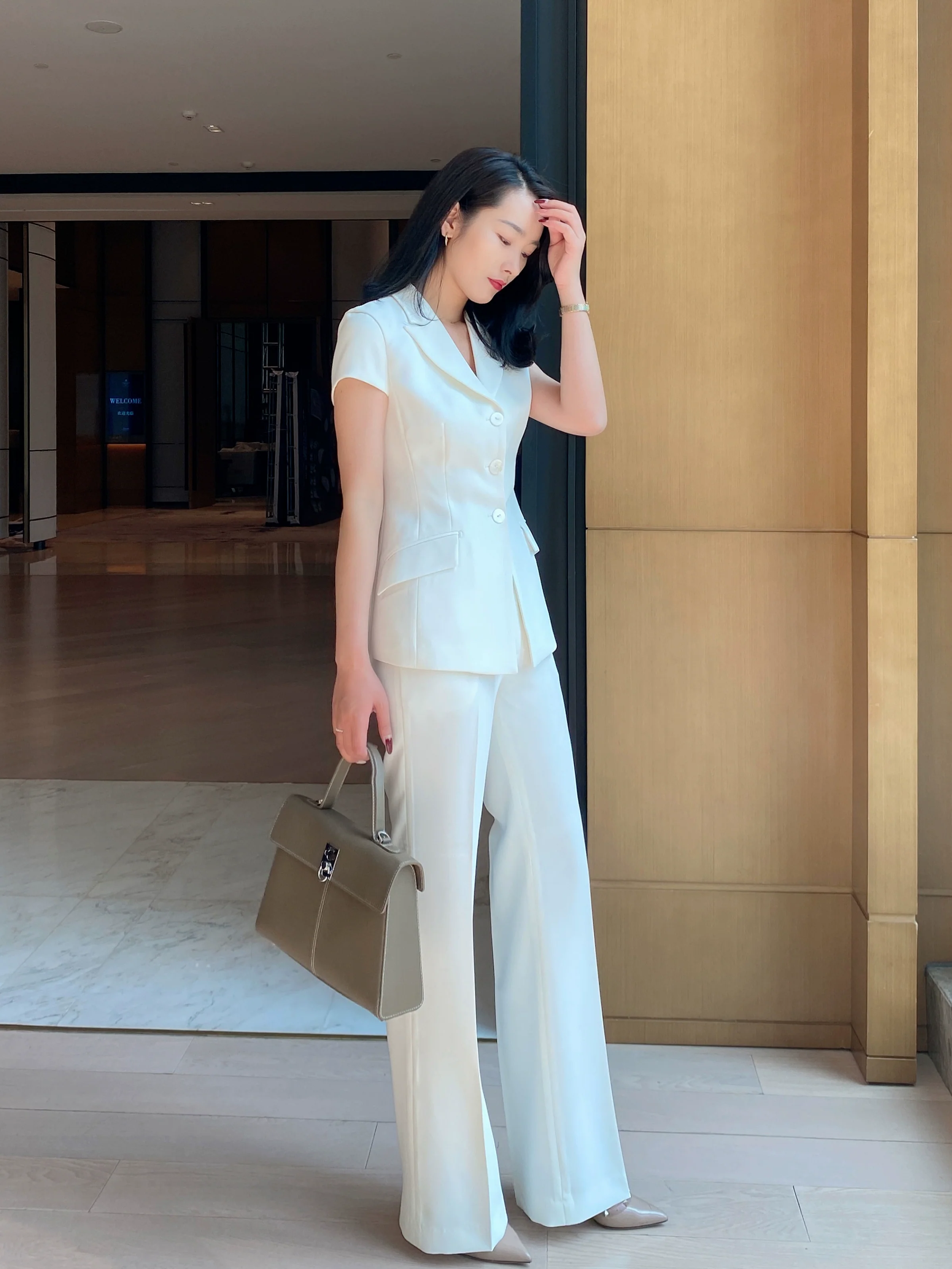 White Flared Summer Trousers with Short Sleeve Blouse - Image 4
