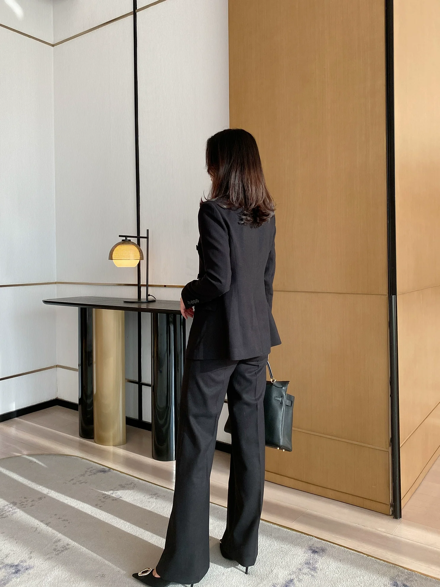 Women's Demi-Season Woolen Suit Jacket & Trousers Set Classic Black - Image 4